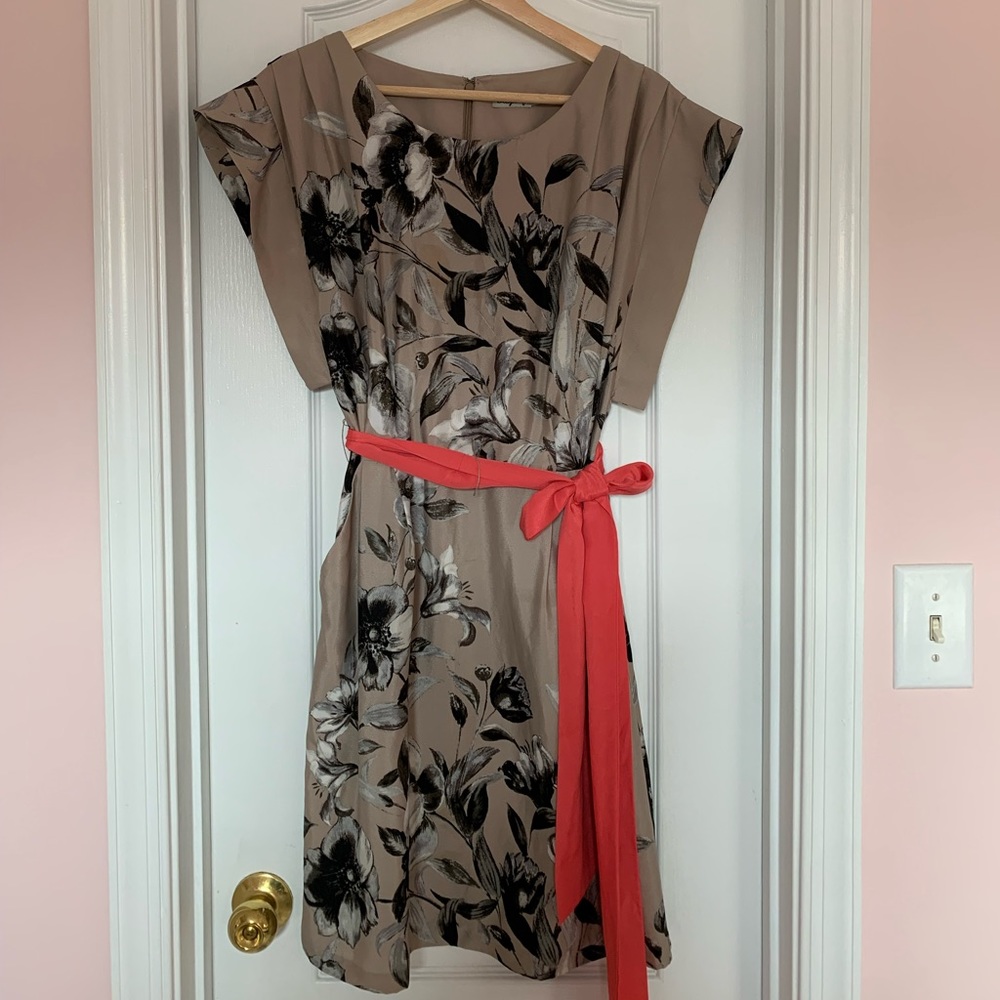 Eliza J Tan Floral Dress with Coral Sash - Size 10